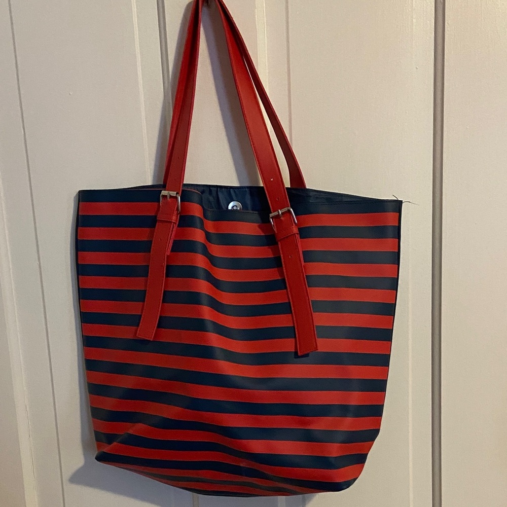 Red and Navy Striped Tote Bag